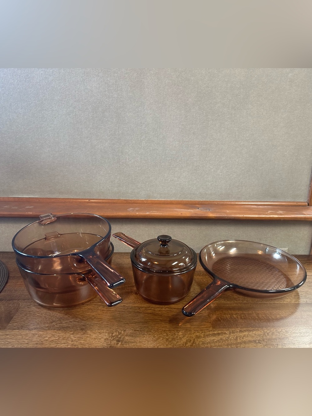 Vintage 5 pc Corning Visions Amber Glass Cookware Set Pots Pans Skillet Lids USA